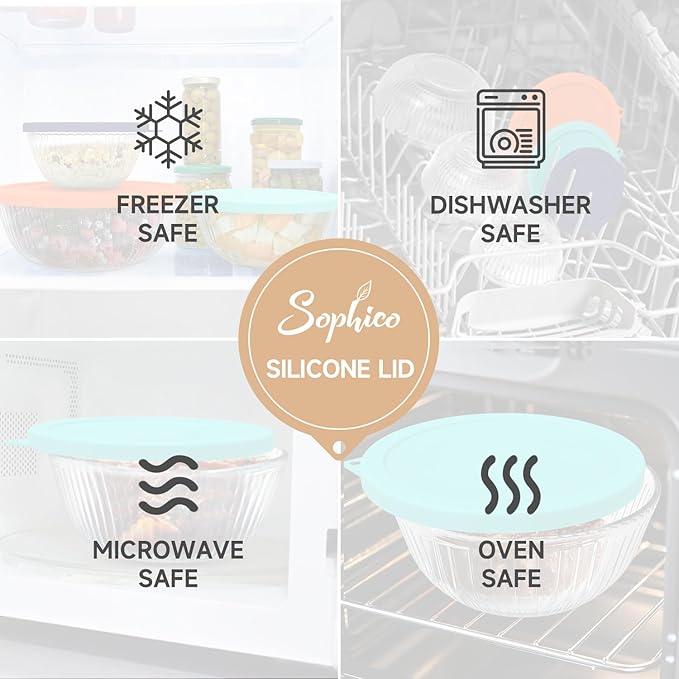 SOPHICO Silicone Replacement Lids for Pyrex Sculpted Glass & Tinted Glass Bowls Mixing Bowls（3 size）Container not included