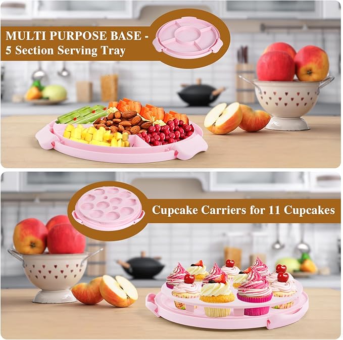 Cake Carrier with Lid and Handle, Cake Container Cupcake Holder for 10 inch Cake with 2 Handles Cupcake Carriers - Cover Two Sided Base for Transport Storage Pies Nuts, Pink Round Cake Stand