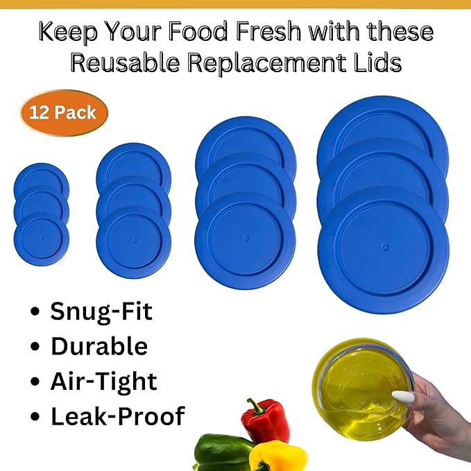 1, 2, 4 & 7 Cup Blue Replacement Lids/Covers for Pyrex, Anchor Hocking & KlareWare Storage Bowls *Lids Only Glass Container Not Included* (12 Pack *Three of Each Size*)