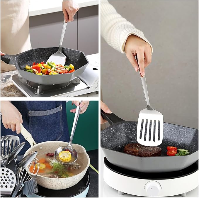 Stainless Steel Kitchen Utensils Set, 4-Piece – Slotted Turner, Solid Turner, Skimmer & Ladle – Rust-Resistant, Long Handle, Hanging Loop, Dishwasher Safe – Everyday Cooking & Serving