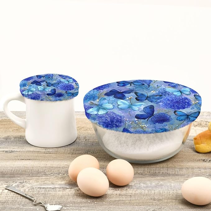 5 Pcs Bowl Covers Reusable in 5 Size Elastic Food Cover Cloth Lids Fresh Keeping Dish Cookware Bakeware Fabric Covers Lids for Food Leftovers Fruits Storage Ink Blue Hydrangea Butterfly