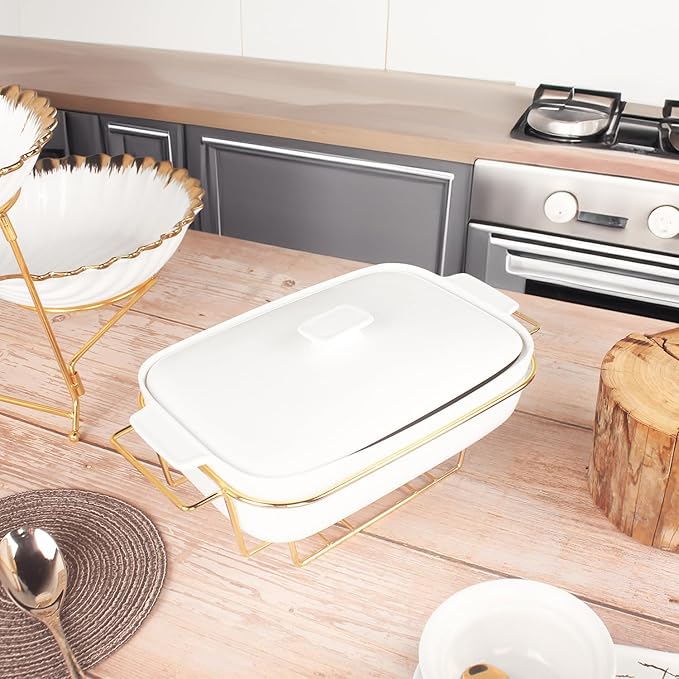 Casserole Dish with Lids 1.7 Quart Ceramic Bakeware Set with Lids and rack, 10 x 7 Lasagna Pan Deep with Lid, Rectangular Bakeware With Handle, Microwave, Dishwasher, Oven Safe, White