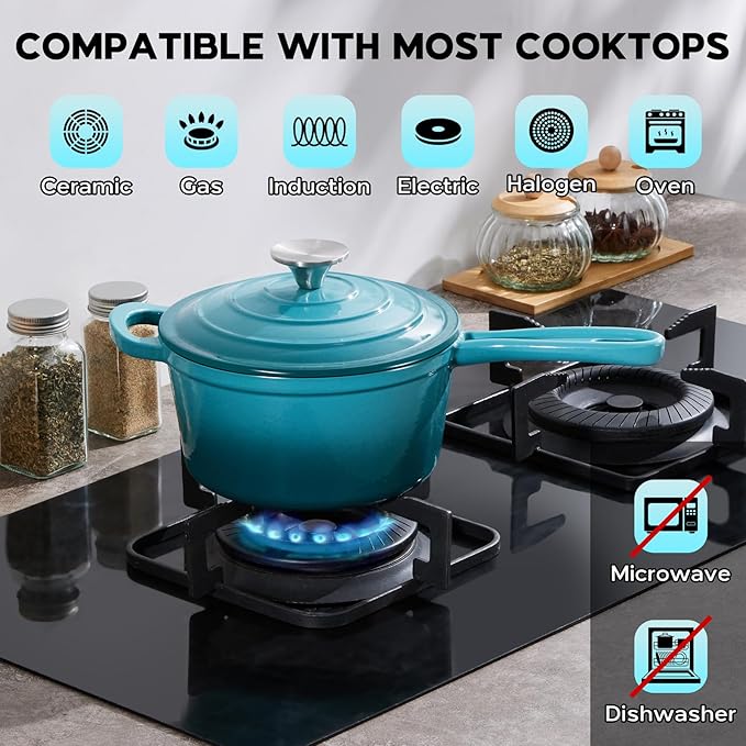 Onader 1QT Saucepan with Lid, Enameled Cast Iron Sauce Pan, Small Cast Iron Pot for Cooking, Enameled Dutch Oven Nonstick & Heavy Duty – Dark Cyan