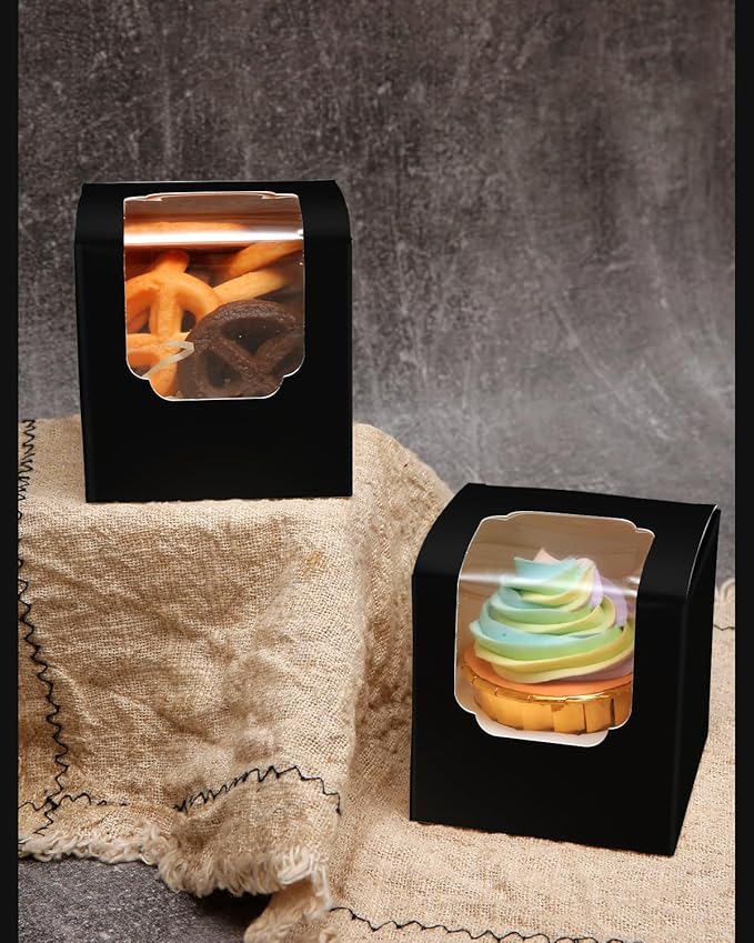 Bakepacker Auto-pop up Cupcake Boxes 30-Packs Individual Cupcake Container Black 3.5" x 3.5" x 3.5" Single Cupcake Boxes