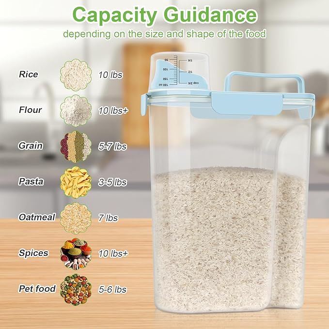 Airtight 10LBS Rice/Cereal/Dry Food Storage Container BPA Free, 5.28Qt Clear Plastic Kitchen and Pantry Organization Bin Suitable for Oats, Flour, Sugar, Pasta, Pet Food, etc (Sky blue)