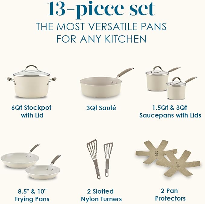 Rachael Ray Cucina Ceramic Cookware Set - 13 Pieces - Ceramic Pots and Pans Set w/Nonstick Frying Pans, Saute Pan, Saucepans, Stockpot, Lids, Pan Protectors & Cooking Utensils - Almond