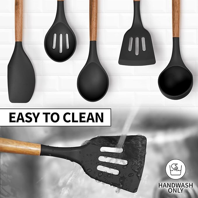 Zulay Kitchen Non-Stick Cooking Utensils Set with Authentic Acacia Wood Handles – 5-Piece Durable & Stylish Silicone Kitchen Utensils Set – Heat Resistant to 464°F – Black