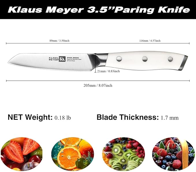 Stahl 3.5 inch Paring Knife High Carbon Exclusive German Steel Fruit Knife, Small Kitchen Knife with Ergonomic Handle (White)