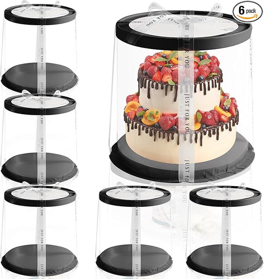 6 Pack Tall Cake Boxes for Tier Cakes,Black 8.5x9.5 Inch Disposable Multi-Layer Tall Baking Carrier, Tierd Bakery Take Out Transport Containers for Wedding, Birthday, Party(Round Black 8.5inch/6pcs)