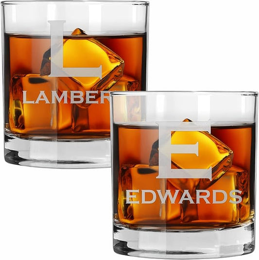 Blue Ridge Mountain Gifts - Custom Engraved Whiskey Glass - 11 oz Personalized Tumbler with Modern Monogram & Last Name - Classic Barware for Weddings, Groomsmen, Anniversaries & Father’s Day (2)