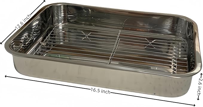 Roasting Pan Stainless steel Roasting pan Turkey Roasting pan with grill Rectangular grill suitable for Turkey, roast chicken and ham (16.5x12.6x2.6inch)