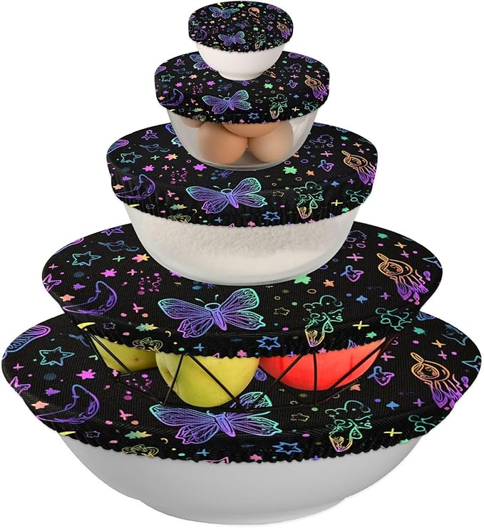 5 Pcs Bowl Covers Reusable in 5 Size Elastic Food Cover Cloth Lids Fresh Keeping Dish Cookware Bakeware Fabric Covers Lids for Food Leftovers Fruits Storage Neo-color Butterflies Moon Stars