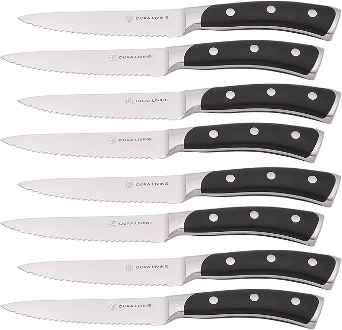 8-Piece Serrated Kitchen Steak Knife Set – Forged High Carbon Stainless Steel, Ultra Sharp, Ergonomic Black Handles, Durable Dinner Knives, Black Handle