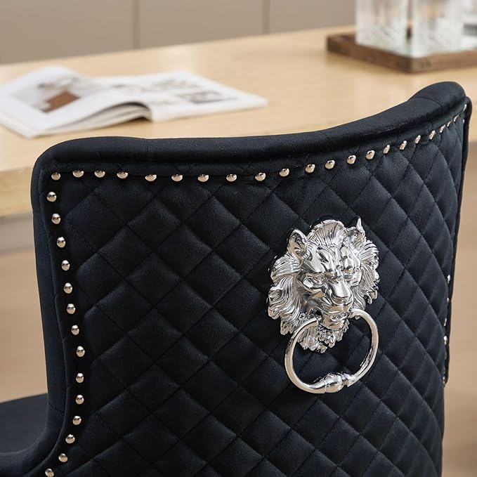 Velvet Barstools Set of 2, Modern Counter Height Adjustable Swivel Stools Chairs with High Tufted Backrest Chrome Base Lion Head Pull Ring Diamond Pattern Rivet Trim for Kitchen (Black)