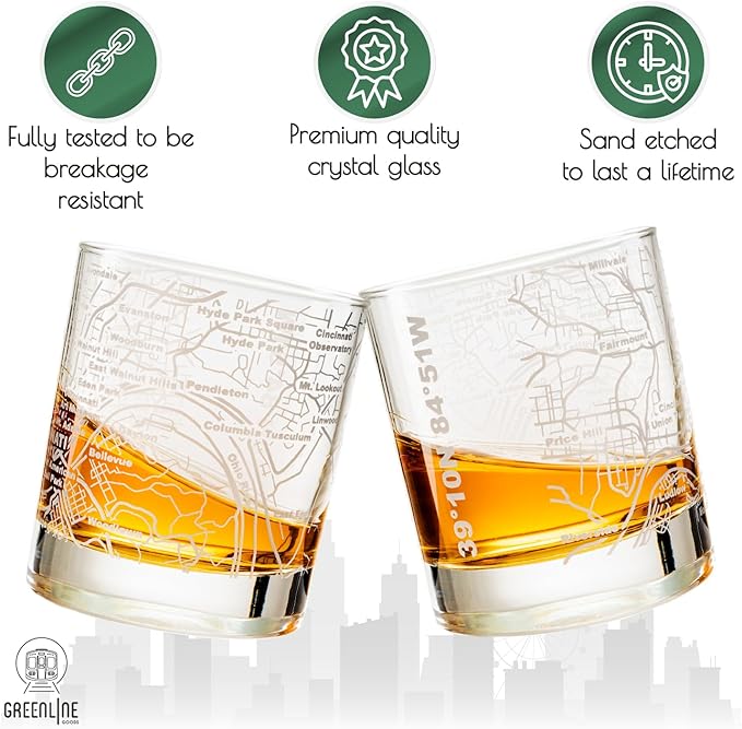 Greenline Goods Whiskey Glasses - 10 Oz Tumbler Set for Cincinnati lovers, Etched with Cincinnati City Map Old Fashioned Rocks Glass - Set of 2
