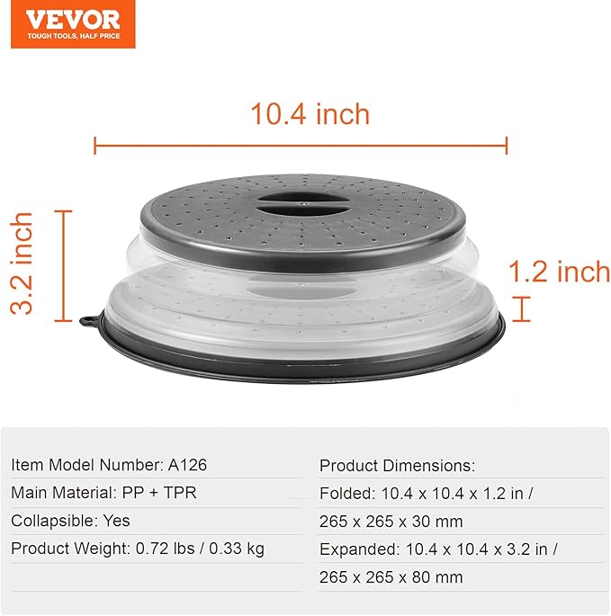 VEVOR Microwave Splatter Covers, 2 Pack 10.4" Collapsible Microwave Lid for Food, 300°F Heat-Resistant PP Splatter Guard for Plate Dish, Multi-Use Kitchen Colander Gadget for Washing Fruits Vegetables