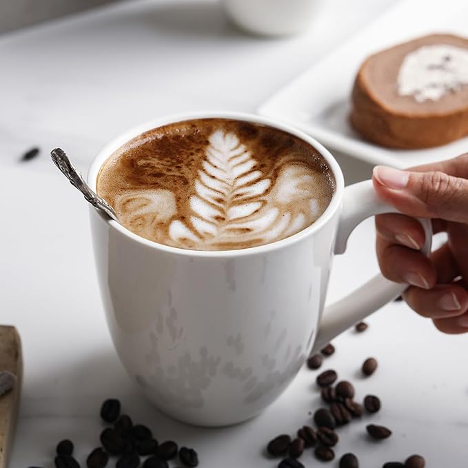 Coffee Mugs Set of 6, 16Oz Large Ceramic Mugs with Comfort Grip, White Porcelain Coffee Cups for Cocoa, Latte, Hot Tea, Cappuccino, Mocha, Milk, Dishwasher Safe, 5.5 x 4.5 inch