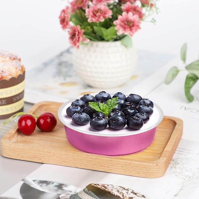 Beasea Mini Pie Pans with Lids, 4 Inch 50 Pack Disposable Aluminum Tart Pans, 8 Oz Pink, Round Oven Baking Mini Cake Pan for Pie Tart Quiche