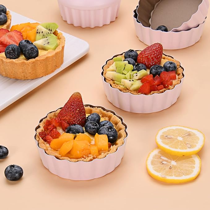 Mini Round Tart Pan with Removable Bottom, Nonstick Mini Pie Pans for Baking, Carbon Steel Quiche Pan Set for Cupcake Muffin Cakes and Desserts, Including 6 Tart Pan and 1 Tart Tamper (Pink)
