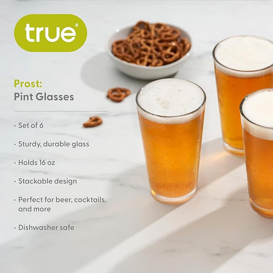 TRUE Pint Beer Glasses, Professional Grade Beer Pint Glasses, Multi Purpose Tumblers, Juice Water Cups, Kitchen Glassware, Home Bar, Set of 6, 16 oz