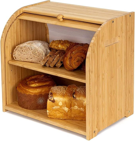 Bamboo Bread Box for Kitchen Countertop, Roll-top Breadbox Breads Storage Boxe with Adjustable Middle Shelf