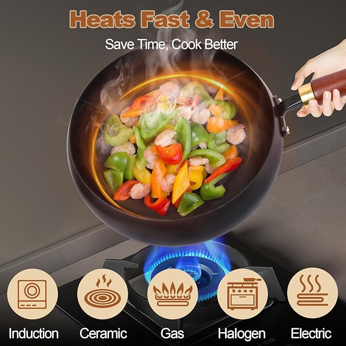 Suntuup Japanese Iron Pan, Uncoated Thick Iron Pot, Hand-Forged Non-Stick Stir Fry Pans Without Chemical Coating, Durable Rust-Free Flat Bottom Pan