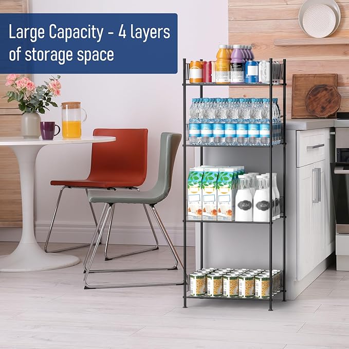 smusei Water Bottle Storage Rack 4 Tier Freestanding Floor Bottled Water Organizer Shelf Large Capacity Metal Beverage Soda Can Drink Holder Stand for Pantry Kitchen Living Room, Black