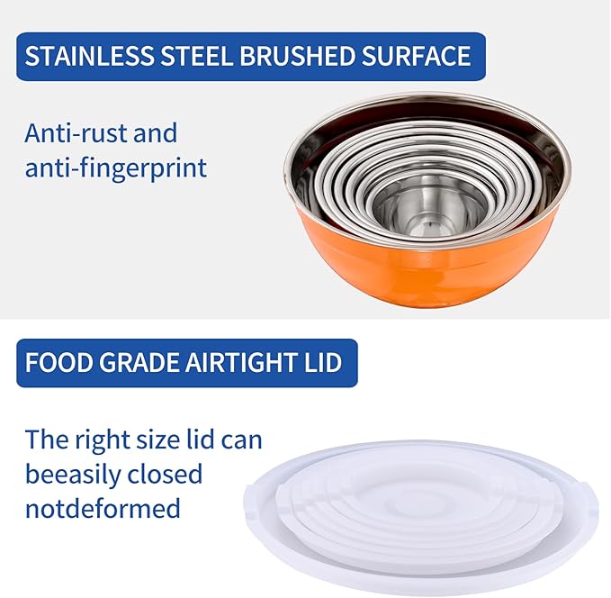 Orange Mixing Bowls with Airtight Lids, Stainless Steel Nesting Mixing Bowls Set of 7, Ideal for Baking, Prepping and Serving Food, Size 7, 3.6, 2.7, 2.1, 1.5, 1.1,0.8 QT, Stackable Design
