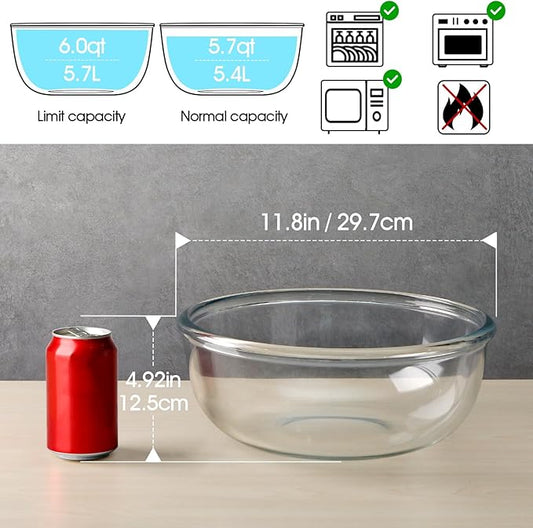 NUTRIUPS 6 Quart Large Glass Mixing Bowl, Clear Large Salad Bowls Glass Big Mixing Bowls for Kitchen