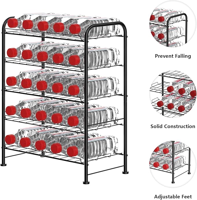 OYEAL Water Bottle Storage Rack 5 Tier Bottled Water Holder Organizer Freestanding Floor Beverage Soda Drink Stand Shelf for Kitchen Pantry Can Storage, Hold 30 Bottles, Black