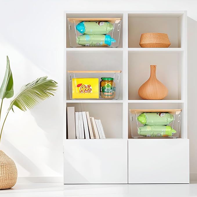 2 Set Pantry Organizer and Storage, Stackable Trash Bag Dispenser Clear Acrylic Kitchen Counter Pantry Baskets for Potato, Onion, Produce, Fruit, Vegetable, Snack, Trash Bag Holder with Bamboo Lid