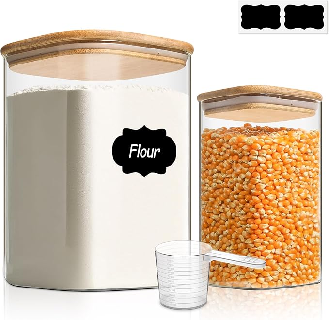 ComSaf Glass Food Storage Containers, 3.6Qt/1.2Qt Glass Flour and Sugar Containers with Airtight Lids, Large Square Jars with Bamboo Lids for Rice, Pasta, Oats, Grains, Cookies, Snacks, Candy
