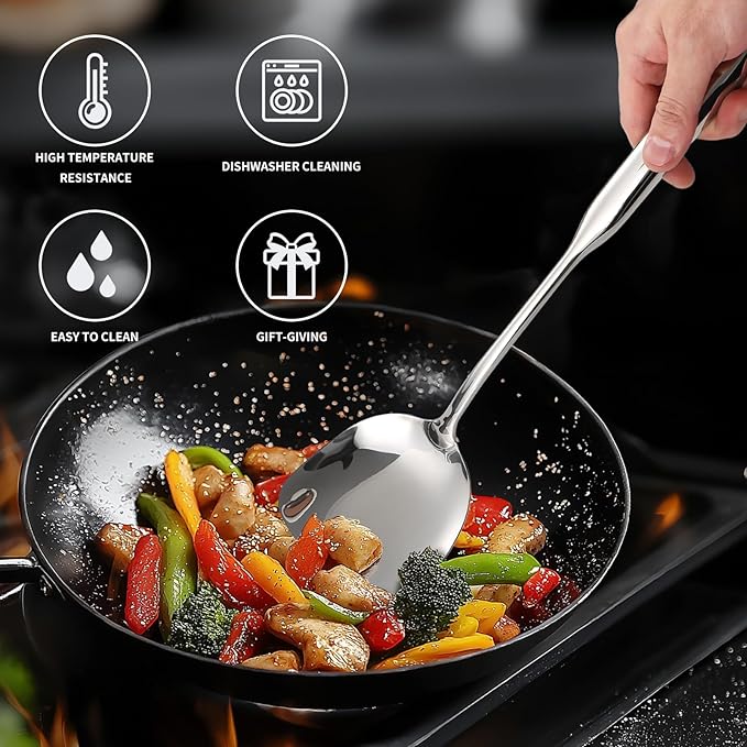 304 Stainless Steel Kitchen Cooking Utensils Set - 9 PCS Serving Utensils, Include Skimmer, Soup Ladle, Spaghetti Server, Wok Spatula, Slotted & Solid Spoon, Slotted Spatula Turner, Meat Fork (Silver）