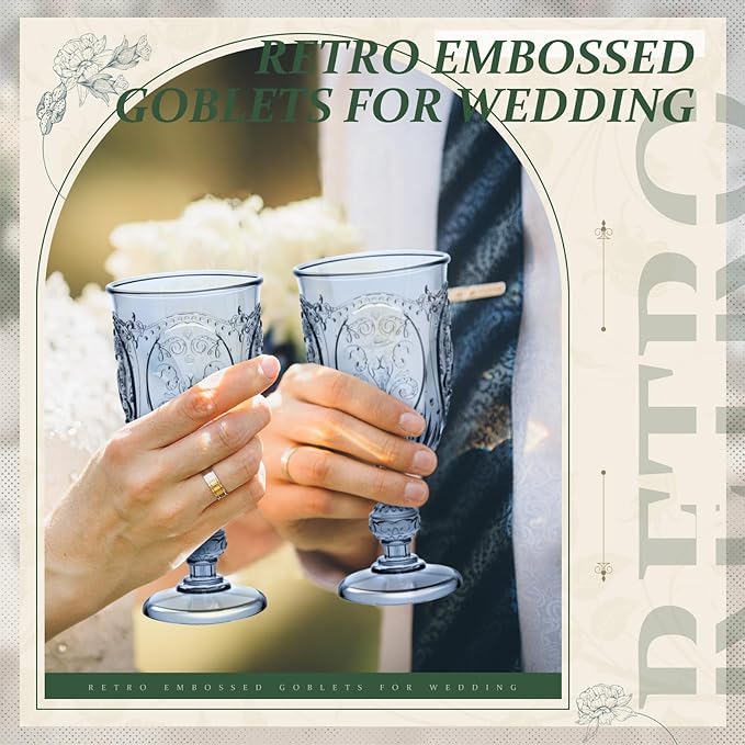 48 Pcs Plastic Goblets 7.5oz Vintage Goblet Plastic Wine Glasses Colored Retro Embossed Water Goblets for Wine Bar Juice Baby Shower Wedding Reception Grand Event Party (Blue)