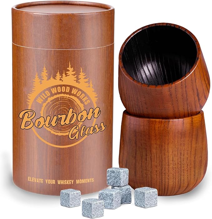 Charred Wooden Bourbon Drinking Glass- Bourbon Gifts for Men, Handcrafted Whiskey Glasses, Wooden Old Fashioned Glass,Unique Whiskey Gifts for Men, Dad, Husband or Bourbon Lovers (2 Pack)