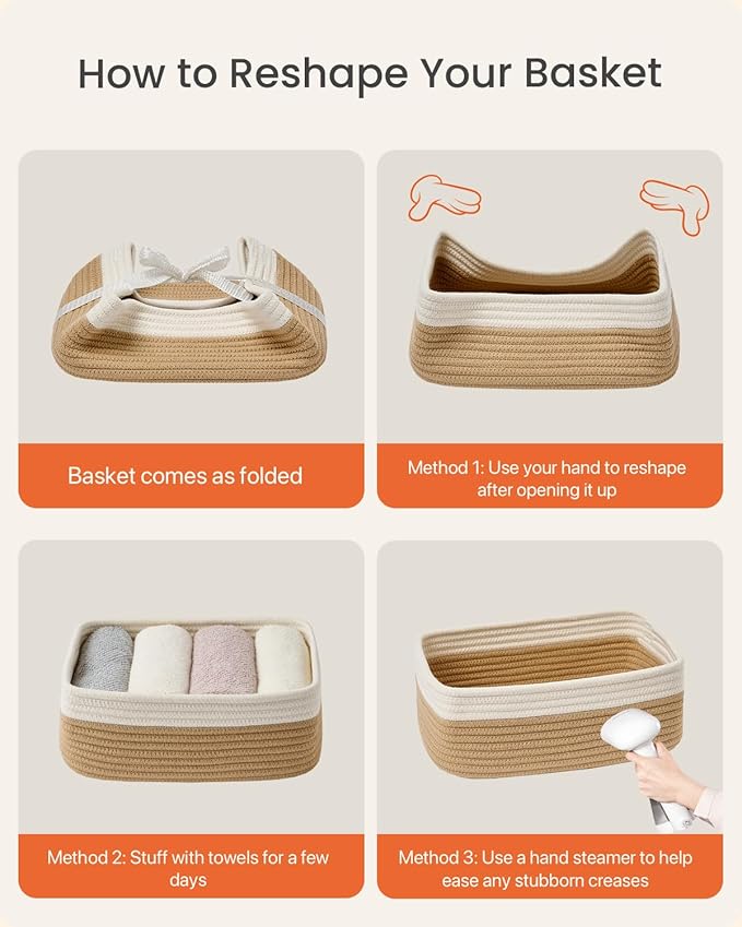 Small Woven Basket, 12 x 8 x 4.5 Inches, Storage Basket for Organizing, Cute Small Rope Shelf Closet Cube Storage Bins Baskets for Shelves, Dog Toy Gift Baskets Empty, 3 Pack White & Brown