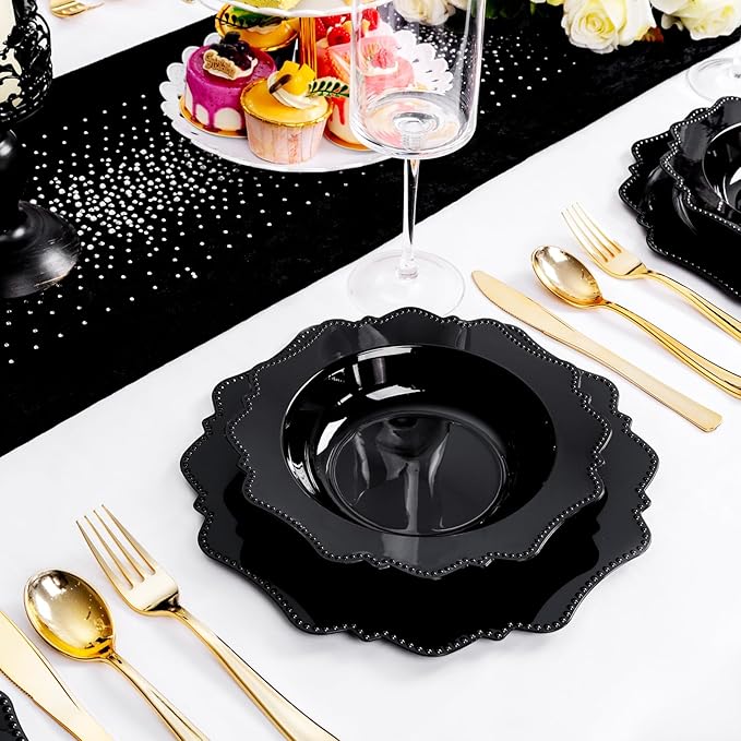 COLOSUS Black Plastic Party Bowls (60 Pack) 12 Oz Disposable Soup/Salad Bowl, Fancy Shatterproof Dinnerware for Catering, Holidays, Weddings, and Everyday Use