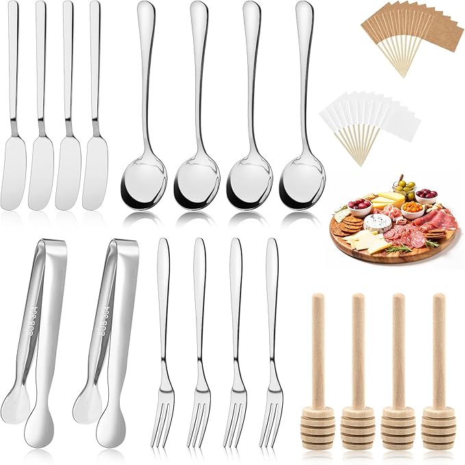 38 Pcs Charcuterie Boards Accessories, Silver Stainless Steel Charcuterie Utensils Set, Including Cheese Butter Spreader, Mini Serving Tongs, Knives, Spoons, Forks, Honey Dippers and Toothpick Flags