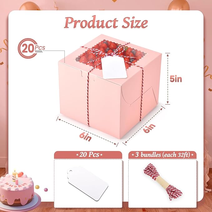 20Pcs Mini Cake Boxes with Window, 6x6x5 Inches Pink Bakery Boxes, Small 4 Cupcake Boxes, Cake Packaging for Pastries, Cookies, Chocolates, Cupcakes, Birthday Party, Wedding