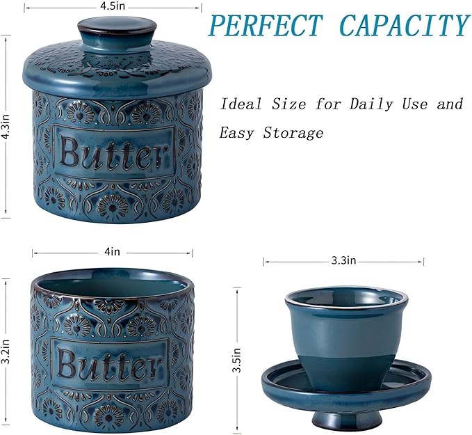 Ceramic Butter Crock with Lid, French Butter Dish with Water Line for Countertop, Butter Keeper for Spreadable Butter, Container Holder for Kitchen and Home Decor, 6.7 OZ, Vintage Blue
