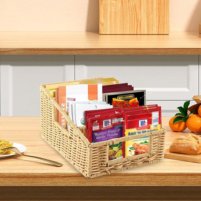 Pantry Snack Organizers and Storage Box,Handwoven Wicker Basket with 4 Compartments Seasoning Packet Organizer,Remote Control Holder,Kitchen Cabinet Organization Bin for Tea Bags,Medicine