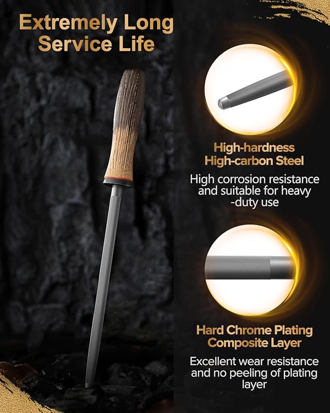 XINZUO 9.1 Inch Knife Sharpener Rod,High-Carbon Steel Hard Chrome Plating Honing Rod For Various Kitchen Knives Grinding, Pruning Shears With White Oak + Red G10 Gasket Handle