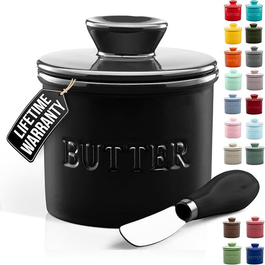 Zulay Kitchen Porcelain Butter Crock With Lid & Knife - Authentic French Butter Dish Keeper For Fresh & Spreadable Butter - Black Bell Shaped