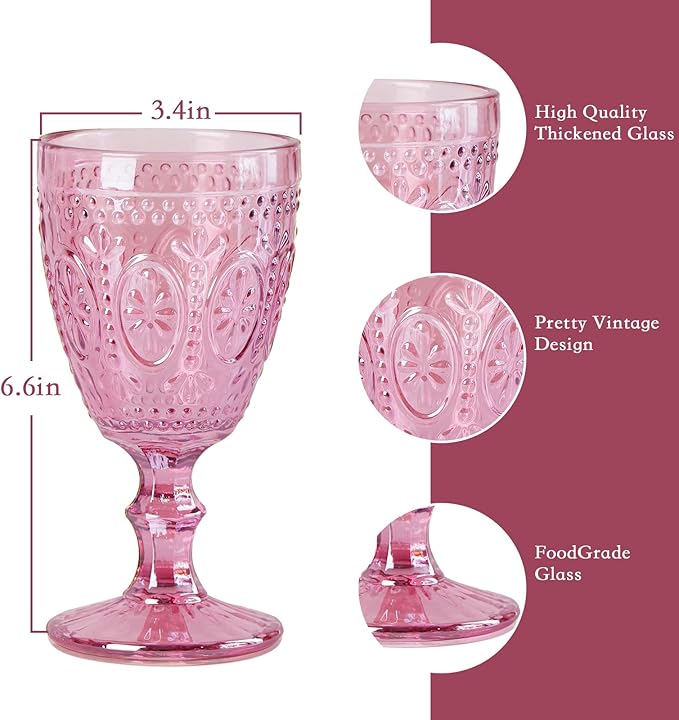 Pink Wine Glasses set of 4, Pink Goblets, Vintage Drinking Glassware, Colored Glassware Set for Party Home Wedding Baby Shower