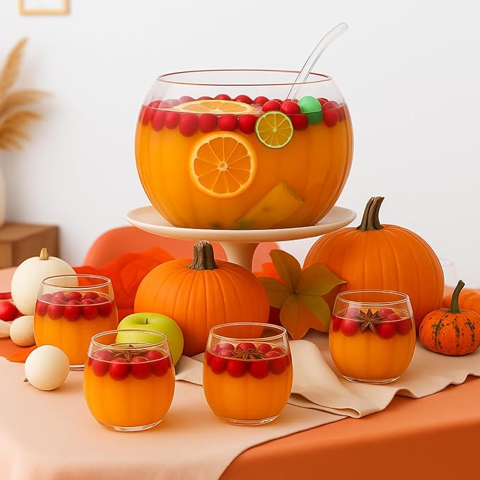 LemonRoad Glass Fall Pumpkin Punch Bowl Set 1 Large Punch Bowl 6 Cups 1 Ladle for Fall Autumn Thanksgiving Halloween Party Holiday School Centerpiece Table Decorations