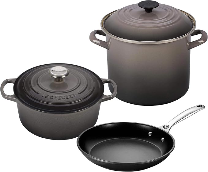 Le Creuset 5-Piece Oven and Stovetop Cookware Bundle: 4-1/2 QT Round Dutch Oven, 8 QT Covered Stockpot, and 10" Toughened Nonstick Pro Fry Pan - Oyster