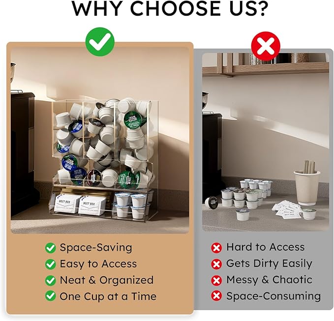 AITEE Clear Acrylic Coffee Pod Holder Dispenser for K Cups, 30-Capacity 3-Compartment Visible Rack, Space-Saving Countertop Organizer for Kitchen, Office, Pantry, 8.9" L x 4.6" W x 10.2" H