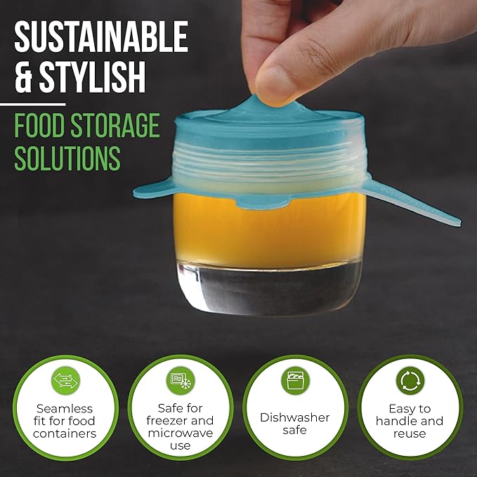 Reusable Silicone Stretch Lids for Food Storage in Fridge - Elastic Heat-Resistant Bowl Covers, Cups, Cans, Jars - Universal Food Grade Lid - Dishwasher Safe -7 Pack-Aqua Mist Stretchy Lid Set