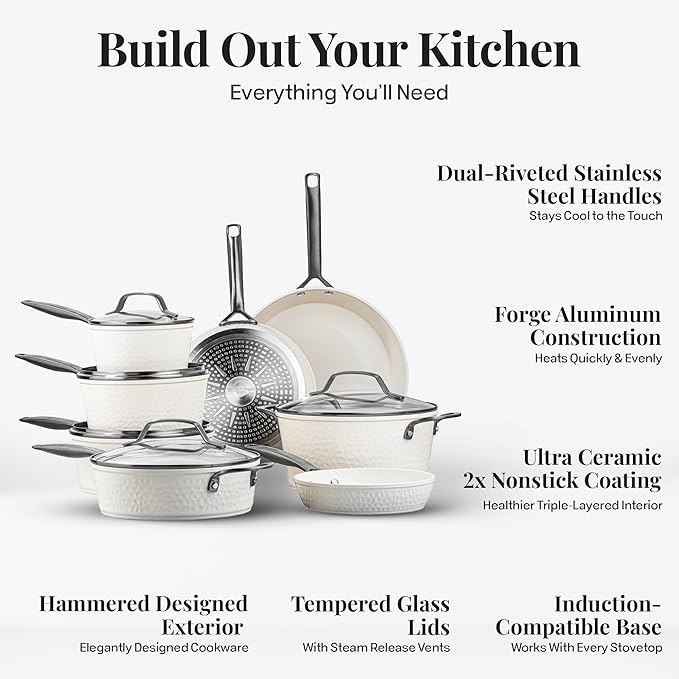 GOTHAM STEEL Hammered 20Pcs Ceramic Cookware Set Nonstick, Induction Pots and Pans Set Non Stick with Deep Fry Pan, Steamer, and Bakeware, Non Toxic PFOA PFOS Free, Oven & Dishwasher Safe