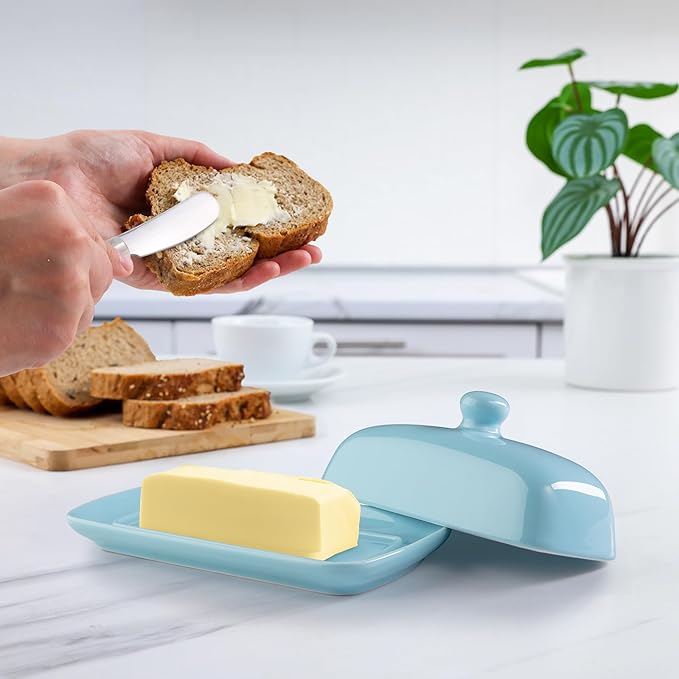 Zulay Butter Dish With Lid For Countertop - Porcelain White, Ceramic Butter Dish with Knob Handle Great for Cooking - Elegant Design Butter Holder - Durable & Sturdy Butter Keeper - Light Blue